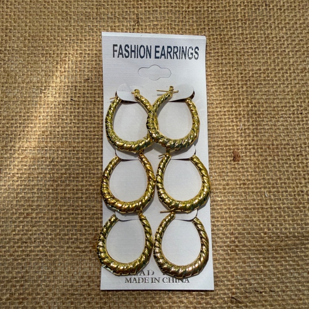 Gold Tone Twisted Teardrop Hoop Earring Set 3 Pairs Fashion Jewelry Rope Design